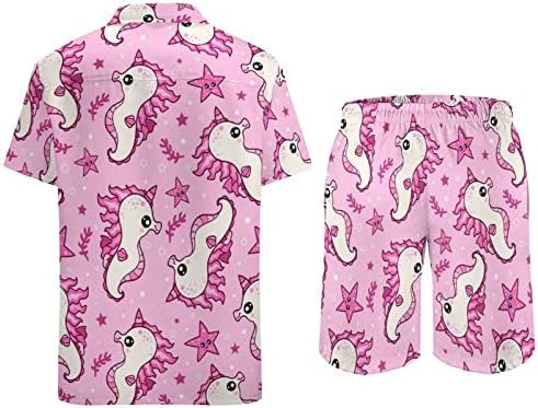 Розови морски морски органи за еднорог 2 парчиња хавајски сет копче-долу кошули со кратки ракави, панталони за плажа лабави вклопени манкети за тренерки