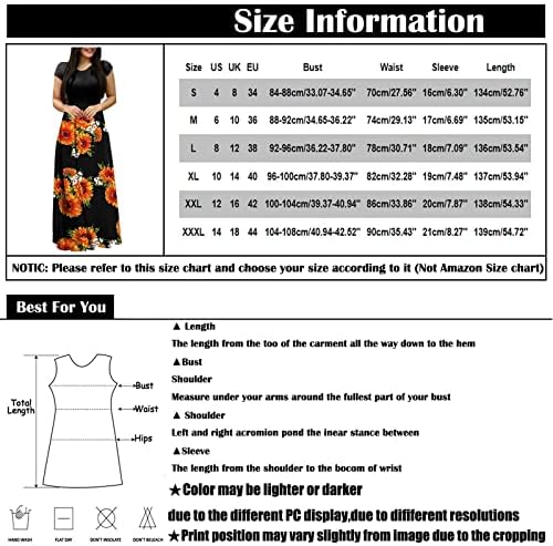 Летни фустани за летни фустани за жени 2023 година, женски модни обични печатени кружни врат со кратки ракави со долги фустани со голема големина