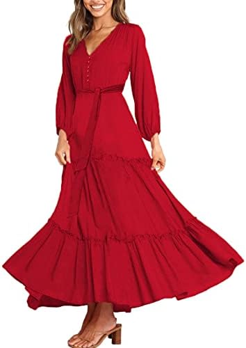 Usuming женско копче V-вратот за замав фустан со цврста боја долга ракав крпеница со проток со појас каузален макси фустан