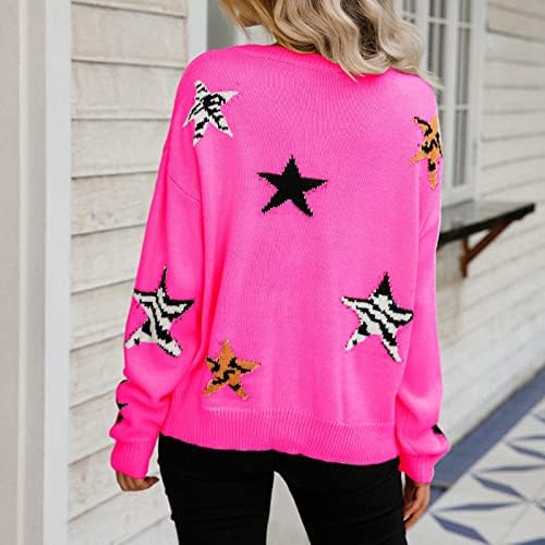 Rmxei Дами моден џемпер со кружни starsвезди starsвезди со долг ракав плетен џемпер на пуловер
