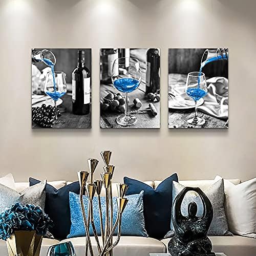 Платно wallидна уметност за кујнски wallиден декор за трпезарија црно -бело вино чаши сликање модерно сино вино платно уметнички отпечатоци