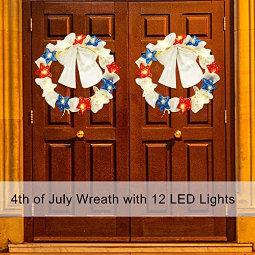 Вечер на декорации на 4 јули ， патриотски осветлен венец за влезна врата, 11 црвено бело и сино светло венец со starsвезди за Денот на независноста Меморијален ден на з?