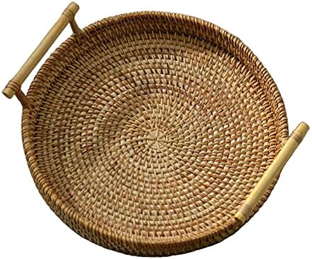 Baoblaze rattan тркалезен леб за сервирање на корпа за рачно изработен леб за сервирање послужавник со дрвена рачка, 22x3cm