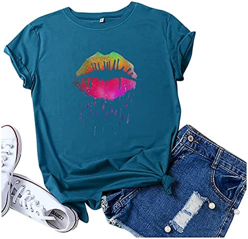 Женски маички за печатење на усни, симпатични графички маички кратки ракави летни врвови на врвови