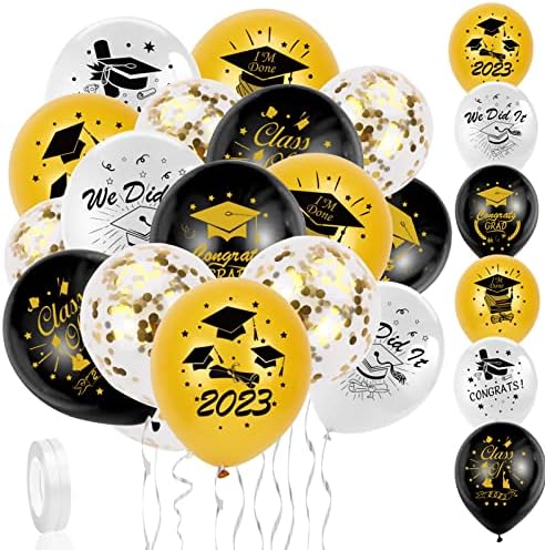 2023 Дипломирање Партија Материјали 37 парчиња Црно Злато И Сиви Балони Во Собата, 30 парчиња Латекс Балони и 5 парчиња Конфети