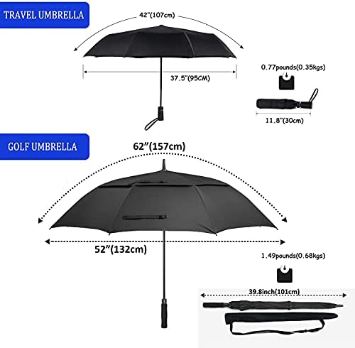 Црни Чадори Гумаинбера За Дожд 2 Пакет - Мал Пренослив Чадор За Патување 42 Инчи И Голем Чадор За Голф 62 Инчи За Мажи И Жени