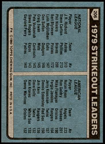 1980 Топпс # 206 лидери на штрајкови J.Р. Ричард/Нолан Рајан Хјустон Калифорнија Астрос Ангели НМ/МТ Астрос Ангели