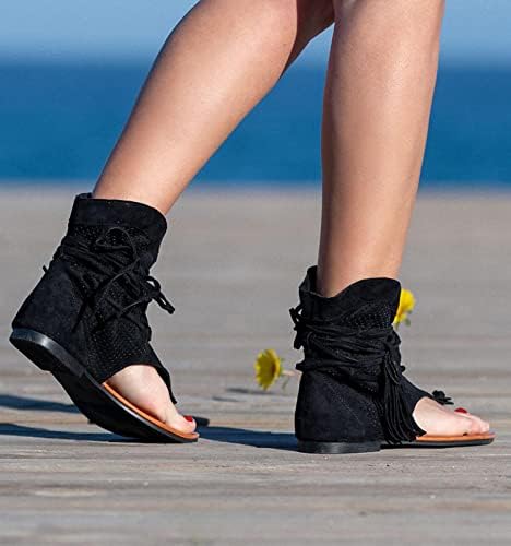 Женски флип -апостолки римски сандали плажа обични чевли на глуждот Боемски Тасел шутираат чипка на лизгање на чизми за отворени пети