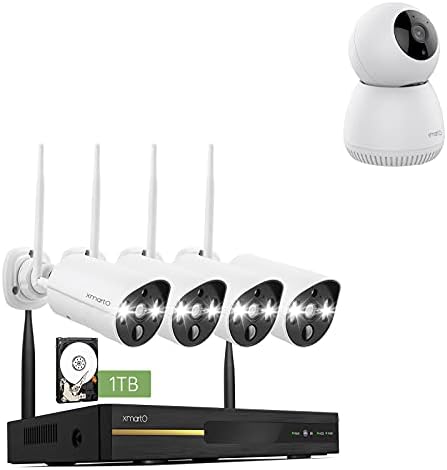 XMARTO 8CH Домашна Безбедносна Камера Систем безжичен Со Човечки/Пет Откривање, Паметни Поплави Светла 2-Насочни Аудио Камери + 1 Затворен ПТЗ Камера, 1TB HDD