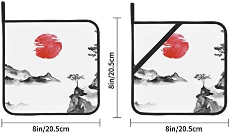 Јапонија Традиционална суми сликарство кујнски пешкири сет со држачи за тенџере, отпорен на топлина, отпорен на топлина, држач за тенџере со џеб 8 × 8 инчи за готвење
