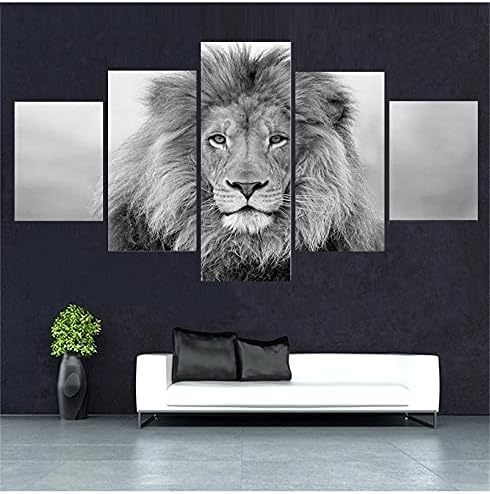 JESC црно -бели животни 5 парчиња лавови сиви очи дневна соба wallидни слики рамки цврсто дрво внатрешна рамка