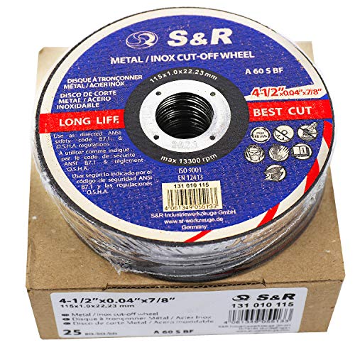 S&R 25 компјутерски мелници за мелница за мелница од агол 4,5 инчи/тркало за сечење за метал и не'рѓосувачки челик, 4 1/2 x 3/64 x 1