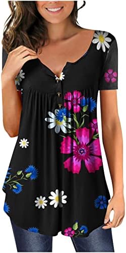 Womenените врвови, трендовски цветни печатени кошули на Хенли, лабави вклопени маички летни обични туники со краток ракав за носење со