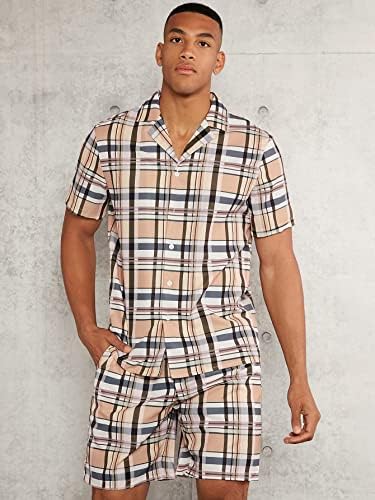 Lubose Облека со две парчиња за мажи, карирани кошула и шорцеви за печатење и шорцеви