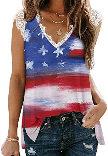 Елегантен резервоар на жените лето секси секси чипка за ракав капа за ракав маица Денот на независноста кошули САД Патриотски елек блузи