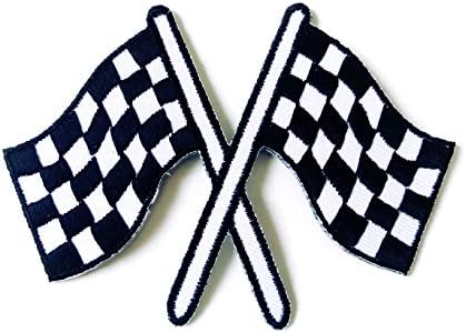 Карирано знаме карирано автоматско трки со автомобили Rockabilly Applique јакна од елек костим извезено железо за шиење на лепенка на печ.