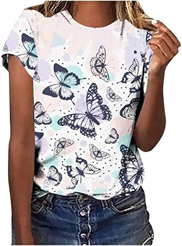 Блуза со вратот на екипажот на вратот за дами кратки ракави на лактот пеперутка цветни графички бренд основни врвови тинејџерски девојки 2023