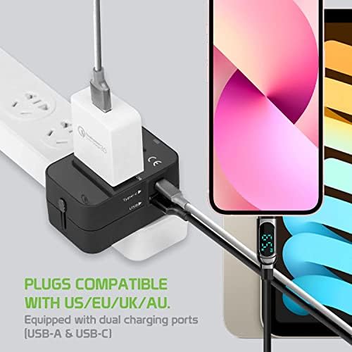 Travel USB Plus Меѓународен адаптер за напојување компатибилен со CoolPad Catalyst за светска моќ за 3 уреди USB Typec, USB-A за патување помеѓу US/EU/AUS/NZ/UK/CN