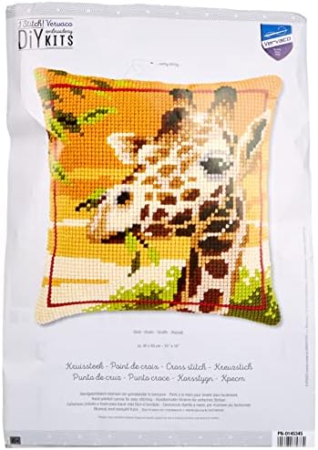 Вервако вкрстено бод за везови комплети Перница пред само -вметнување со шема на везови на памук и конец за везови, 15,75 x 15,75 инчи - 40 x 40 см, жирафа