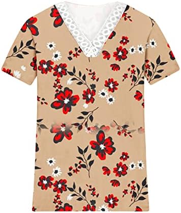Летни чипка V-вратот на вратот за жени обични цветни печатење кратки ракави маица трендовски преголема лабава блуза