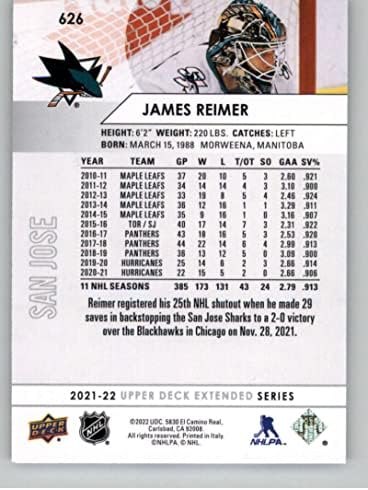 2021-22 Горна палуба Продолжена #626 Jamesејмс Ример Сан Хозе Ајкули НХЛ хокеј за тргување со картички