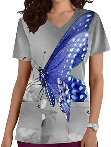SCRUB_TOPS за жени, кратки ракави V-вратот од пеперутка Цветни печати Работни униформи за одмор на врвови со џебови со џебови