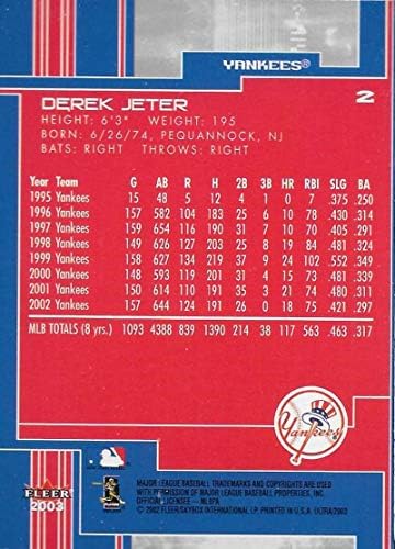 2003 година Флеер Ултра #2 Дерек etетер НМ-МТ Newујорк Јанкис Офицерлили лиценцирана картичка за тргување со бејзбол МЛБ