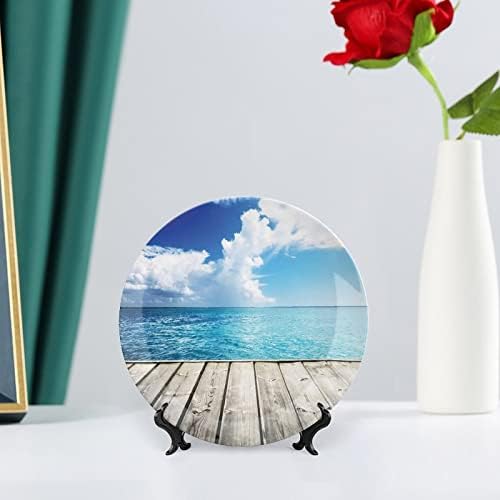 Плоча за керамички приказ на лигутари, уметнички керамички висечки декоративни плочи, карипско морско дрво палуба облак пејзаж во, 7 инчи,