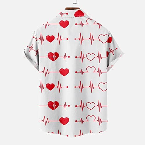 Машки кратки ракави целосна копче надолу по врвот ЕКГ печатење случајна кошула Loveубов срце срце отпечаток лабав вклопувачки кошули со џебови со џебови