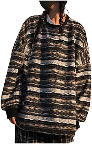 Есен џемпери за жени 2022 година ， Шарена џемпер пуловер преголем лабав џемпер на екипаж плетени врвови со долги ракави