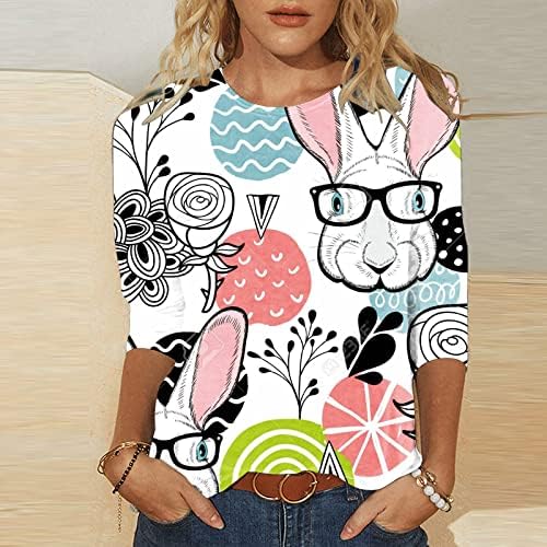 Велигденска кошула за жени Симпатични зајаче јајца Печатени маички 3/4 ракав Обичен маица пуловер летен круг на вратот блуза врв