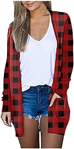 Џемпери на кардиган за женски кардиган плус големина меки џемпери карирани печатени долги ракави за надворешна облека со џебови