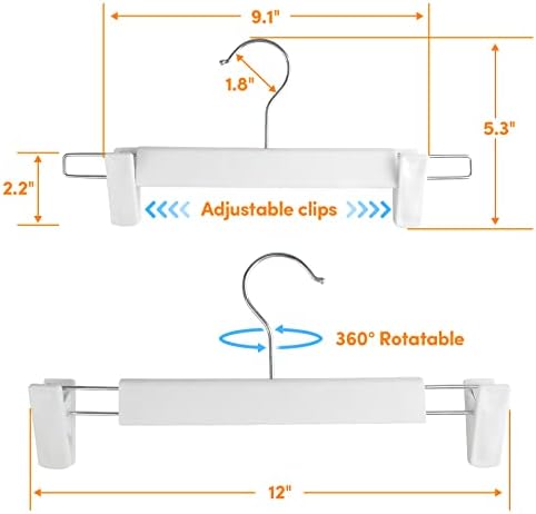 Закачалки за панталони со клипови бели 24 пакувања, закачалки за здолништа за жени пластични прилагодливи, кратки закачалки за