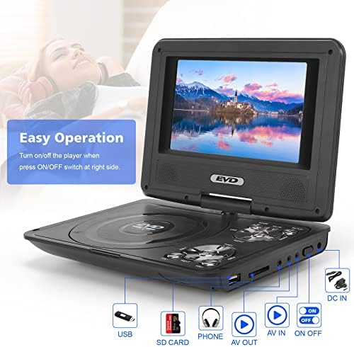 SQQBZZ 7 Преносен ДВД плеер за деца и автомобил, поддршка ДВД/VCD/SD картичка/USB, далечински управувач, полнач за автомобили, адаптер за
