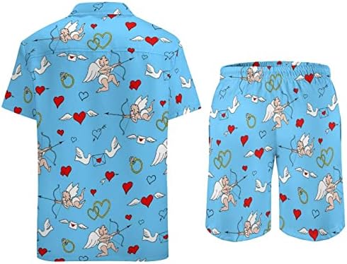 Ангели и срца Машки 2 парчиња облека на плажа на Хавајско копче надолу со кошула со краток ракав и костуми за шорцеви