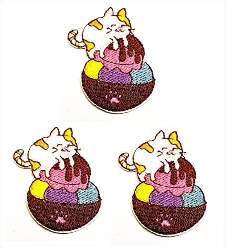 Кленплус 3 парчиња. Мачка Сладолед Чаша Цртан Филм Железо На Закрпи Активности Везени Лого Облека Фармерки Јакни Капи Ранци Кошули