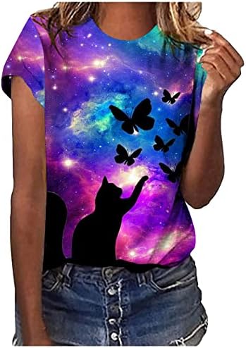 Смешни врвови за жени јуниори новини 3Д кошули возрасни слатки мачки маици со екипаж на кратки ракави летни врвови за забава