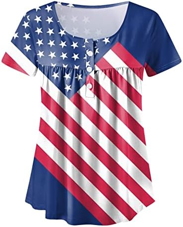 Кошули со кратки ракави за кратки ракави Ден на независност Графичко копче Вратот на вратот Врв лабава мода Хенри блузи кошули Обична маичка