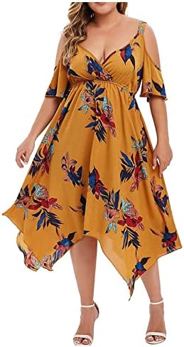 Фрагрн летен фустан, модни жени плус големина отворено рамо, цветно печатено марамче за марамче со врат, V-вратот