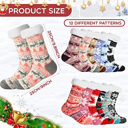 12 Пара Меки Термални Чорапи За Влечки Со Држачи Плетени Божиќни Чорапи Без Лизгање Меки Зимски Дебели Чорапи За Спиење За Жени Девојки Топли