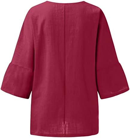 Жени 2023 летни модни кошули облечени обични памучни постелнина 3/4 врвови на ракави трендовски цврста лабава вградена блуза за туника