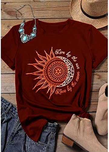 Случајна вклопена летна маица за жени со кратки ракави екипаж Сонце и месечина, печатење на врвови блузи