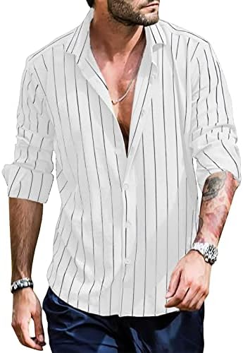 XXBR Менс копче надолу со кошули Краток ракав Вертикален лента за печатење лето летни плажа врвови опуштени вклопени случајни хавајски кошули спортски
