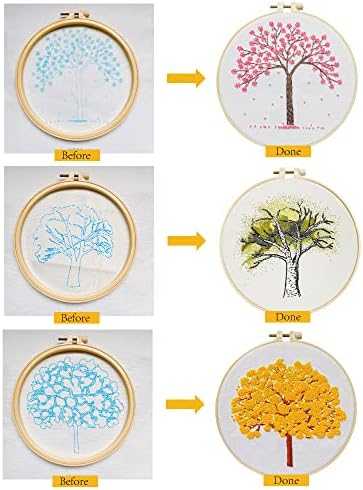 Комплет за вез на пакет SimeiQi 3 со шема и упатства за почетници Возрасни пролетно есенско дрво, цвеќиња, занаетчиски печат за стартување на везови, вклучувајќи обрач,
