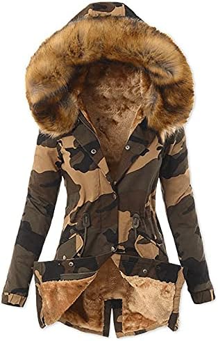 Зимски палта за врвови за жени со камуфлажа печати крзно јака за влечење со качулка со качулка со крзно, обложено задебелена