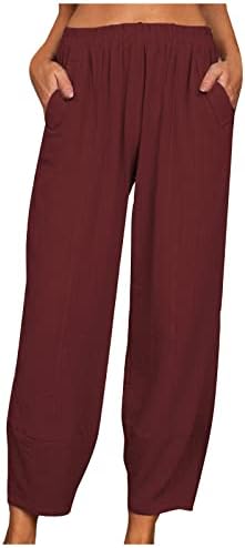 Летни панталони на Fireero Suble Casual Coary Coly Color Еластична половината зашивање памук памук директно широки панталони за нозе со џеб