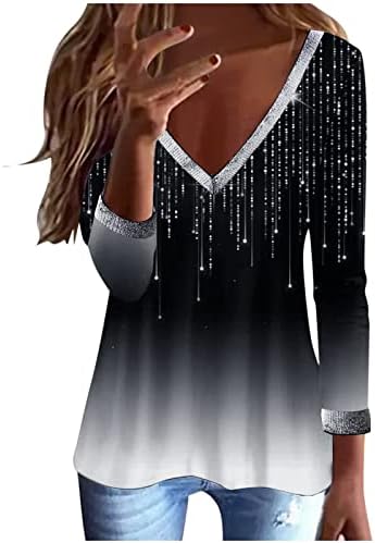 OPLXUO 2023 жени пролетни долги ракави Туника на врвови, обични кошули со V-вратот, фустани зимски блузи, вратоврска боја печатена графичка