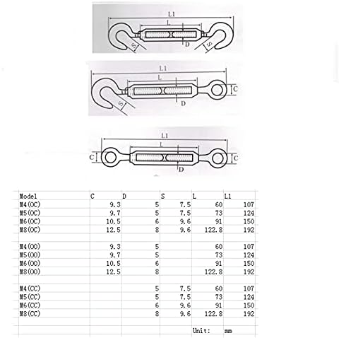 Anyufei 1pcs M4/M5/M6/M8 304SS Turnbuckle Bolt Boolt Bitging Eye Screw Wire Wire Rope Tensioning Затегнување Тесен конектор