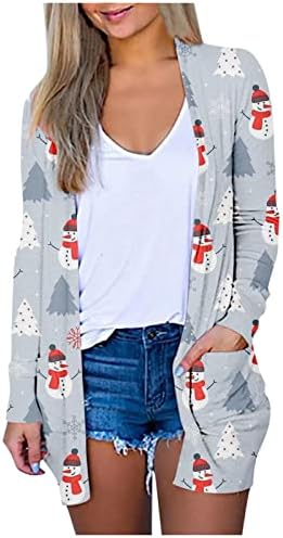 Грди Божиќни џемпери за жени 2022 плус големина обична мода есен зимски кардиган со долг ракав отворен предниот дел на смешни Божиќни кошули