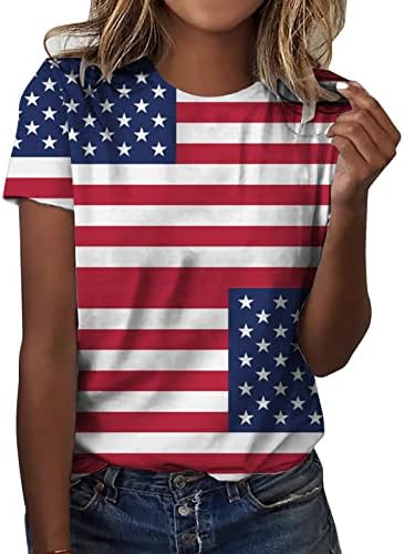Патриотски кошули за жени Американско знаме лето кратки ракави o вратот од вратоврски tieвезди на вратоврска